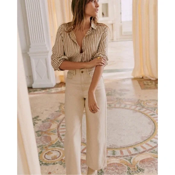 SEZANE Camel Tan & White Ecru Linen Cotton Striped Button Down Tomboy Shirt - Picture 8 of 17